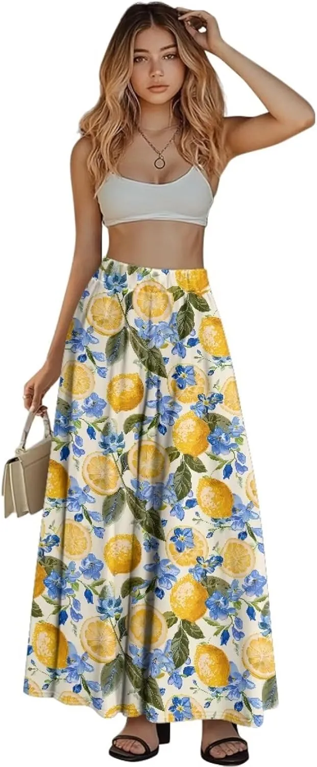 Yewattles Womens Elastic High Waist Pleated A-Line Flowy Swing Maxi Long Skirt Dress with Pockets