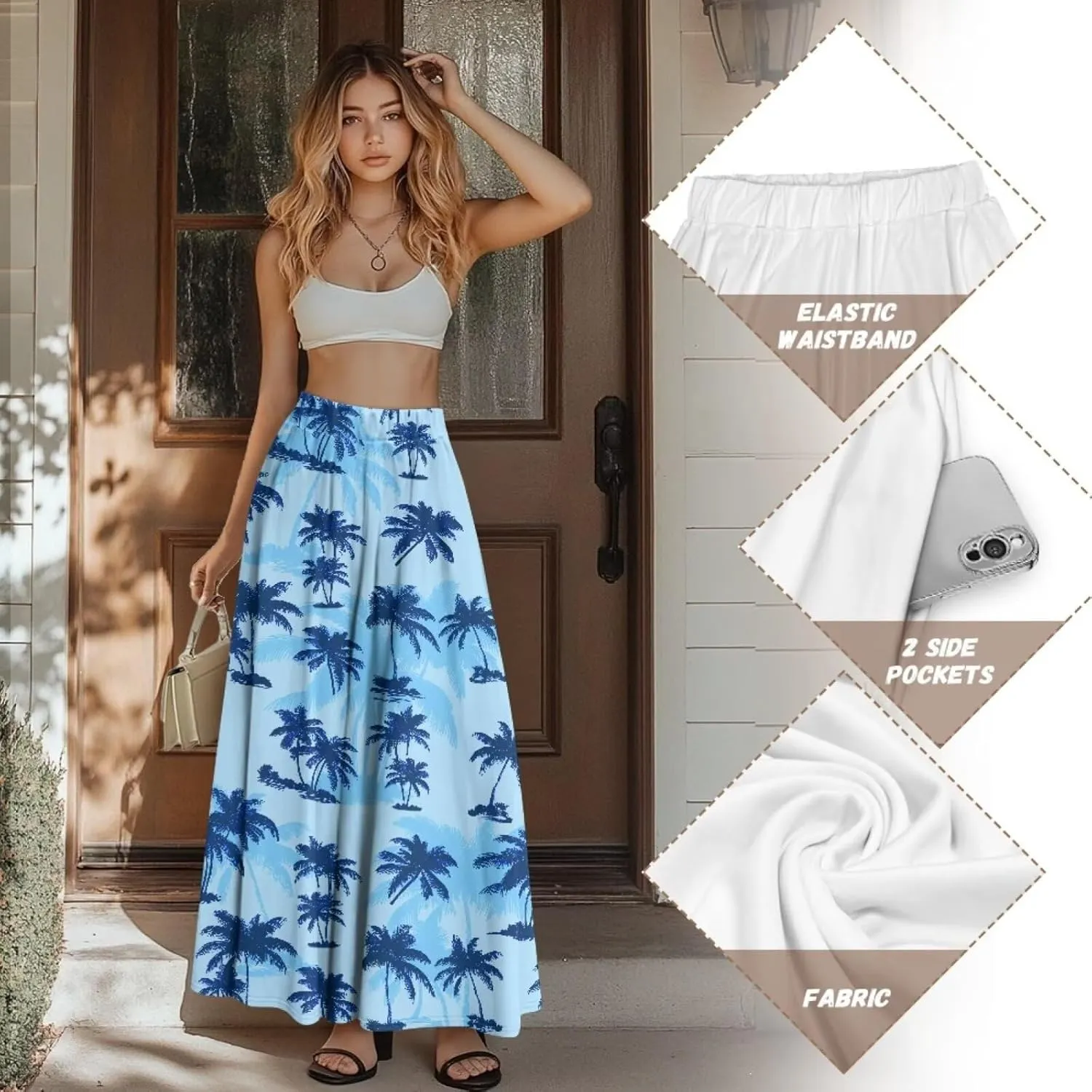 Yewattles Womens Printed Double Pocket Skirt Casual Long Maxi Skirt with Double Pockets Swing Dress