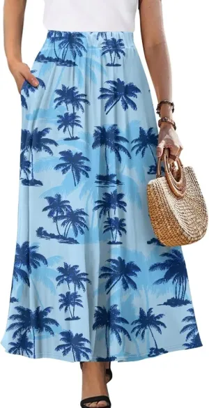 Yewattles Womens Printed Double Pocket Skirt Casual Long Maxi Skirt with Double Pockets Swing Dress