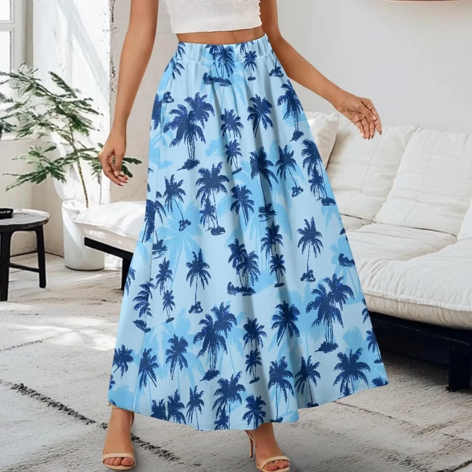 Yewattles Womens Printed Double Pocket Skirt Casual Long Maxi Skirt with Double Pockets Swing Dress