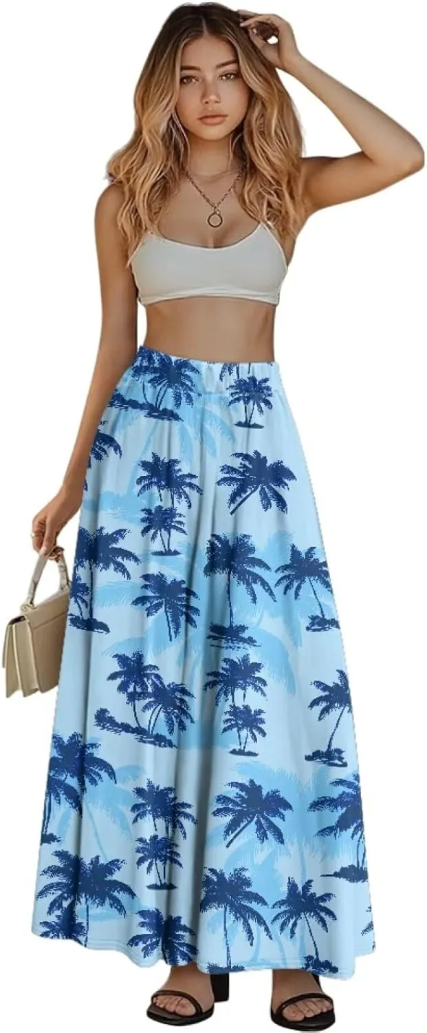 Yewattles Womens Printed Double Pocket Skirt Casual Long Maxi Skirt with Double Pockets Swing Dress