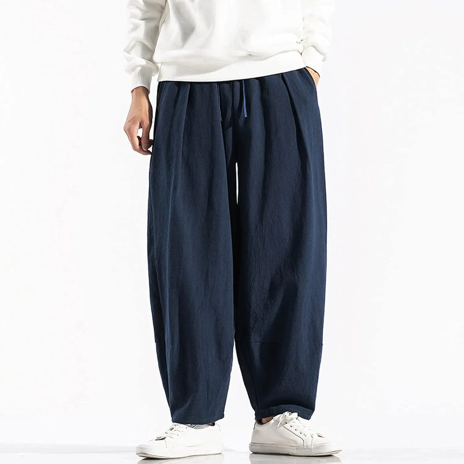 Ymosrh Mens Jeans Solid Color Linen Harem Pants Cotton Casual Trousers Wide Leg Pants Chino for Men