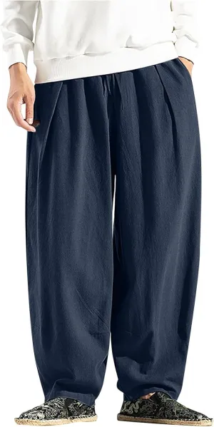Ymosrh Mens Jeans Solid Color Linen Harem Pants Cotton Casual Trousers Wide Leg Pants Chino for Men