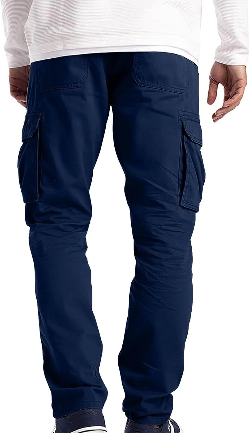 Ymosrh Mens Large Tall Pants Men's Slim Fashion Solid Color Casual Pants Multi Pocket Straight Cargo Pants Stretch