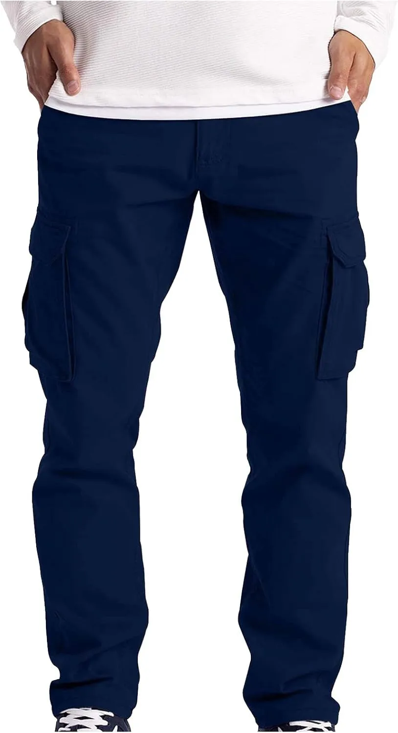 Ymosrh Mens Large Tall Pants Men's Slim Fashion Solid Color Casual Pants Multi Pocket Straight Cargo Pants Stretch