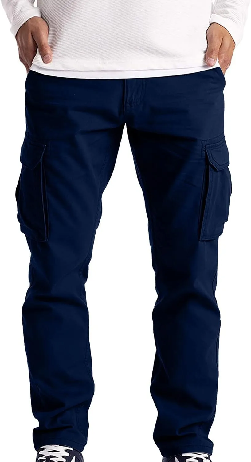 Ymosrh Mens Large Tall Pants Men's Slim Fashion Solid Color Casual Pants Multi Pocket Straight Cargo Pants Stretch