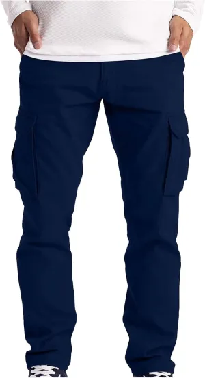 Ymosrh Mens Large Tall Pants Men's Slim Fashion Solid Color Casual Pants Multi Pocket Straight Cargo Pants Stretch