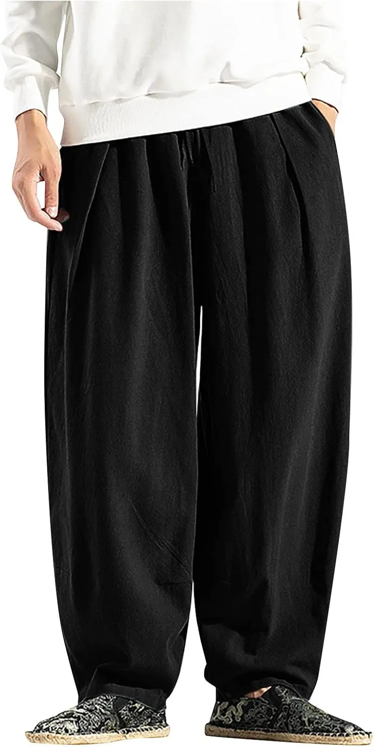 Ymosrh Thick Winter Pants for Men Linen Harem Pants Cotton Casual Trousers Wide Leg Pants Lightweight Big and Tall