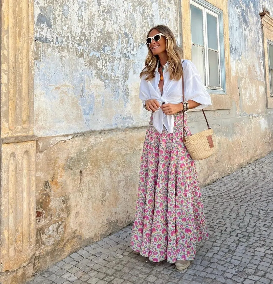 yoeasy Women Boho Floral High Elastic Waist A Line Long Skirt Summer Pleated Hem Maxi Skirts