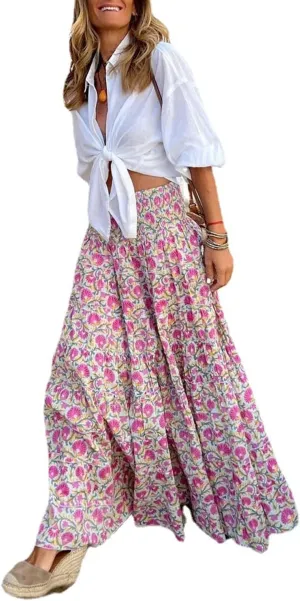 yoeasy Women Boho Floral High Elastic Waist A Line Long Skirt Summer Pleated Hem Maxi Skirts