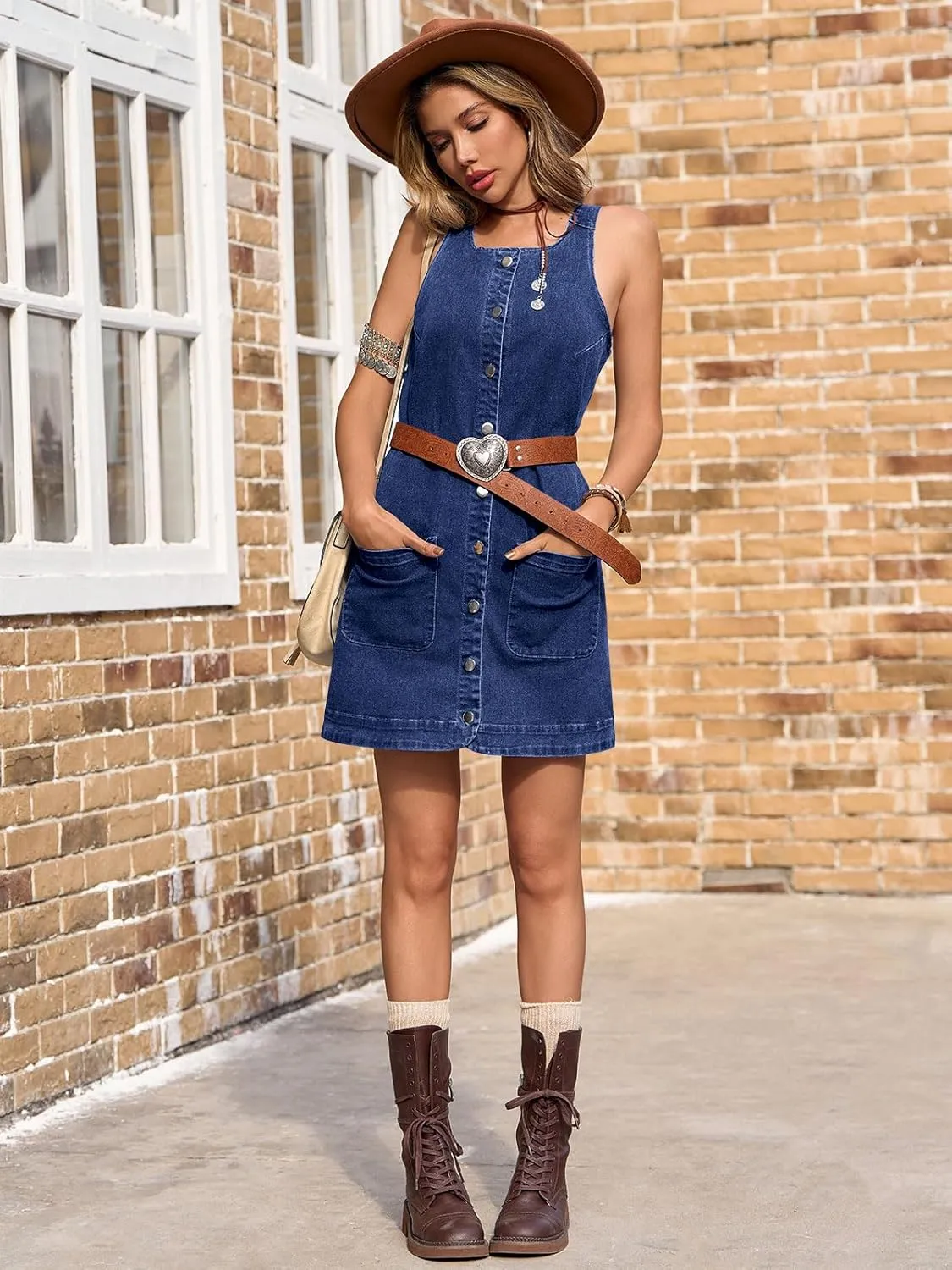 Yousify Womens Casual Sleeveless Denim Overalls Dresses Button Down Summer Jean Mini Dress 2025 Trendy Romper With Pockets