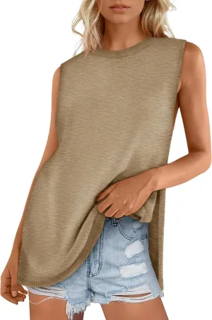 Yousify Women's Summer Tank Tops Crew Neck Sweater Vest 2025 Casual Sleeveless Knit Trendy Tunic Top XS-2XL