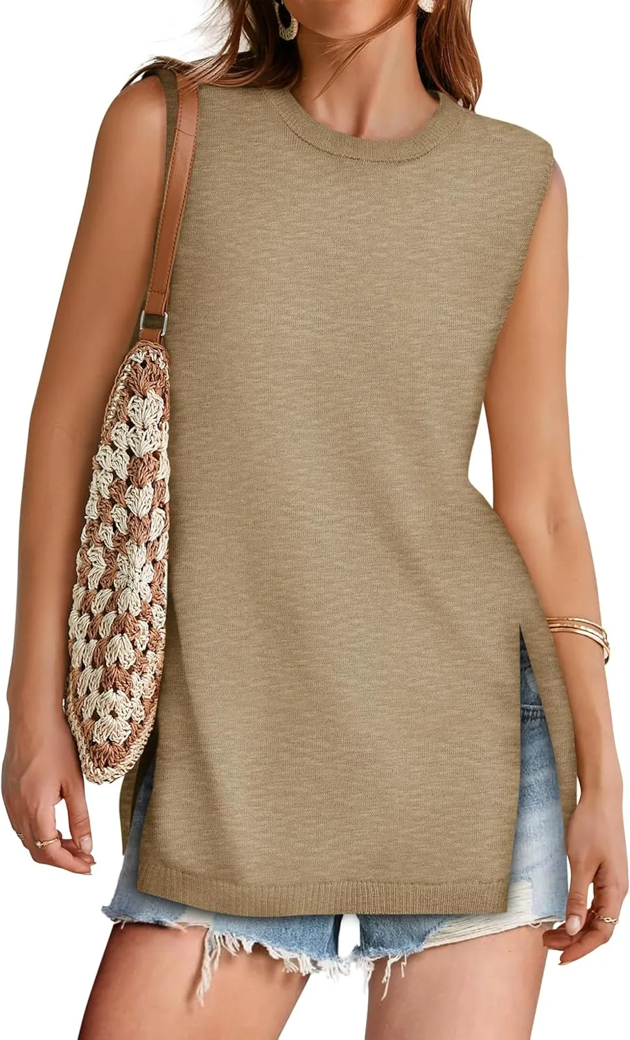 Yousify Women's Summer Tank Tops Crew Neck Sweater Vest 2025 Casual Sleeveless Knit Trendy Tunic Top XS-2XL