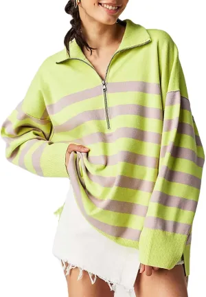 Yuemengxuan Women Y2k Striped Sweatshirts Quarter Zip Pullover Sweater Oversized Sweatshirt Hoodies Fall Fashion Outfits