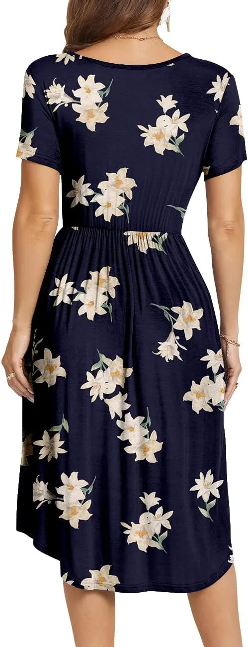YUNDAI Womens Dress Mini Casual Loose Short Sleeve Polka Dot Knee Length Dresses with Pockets