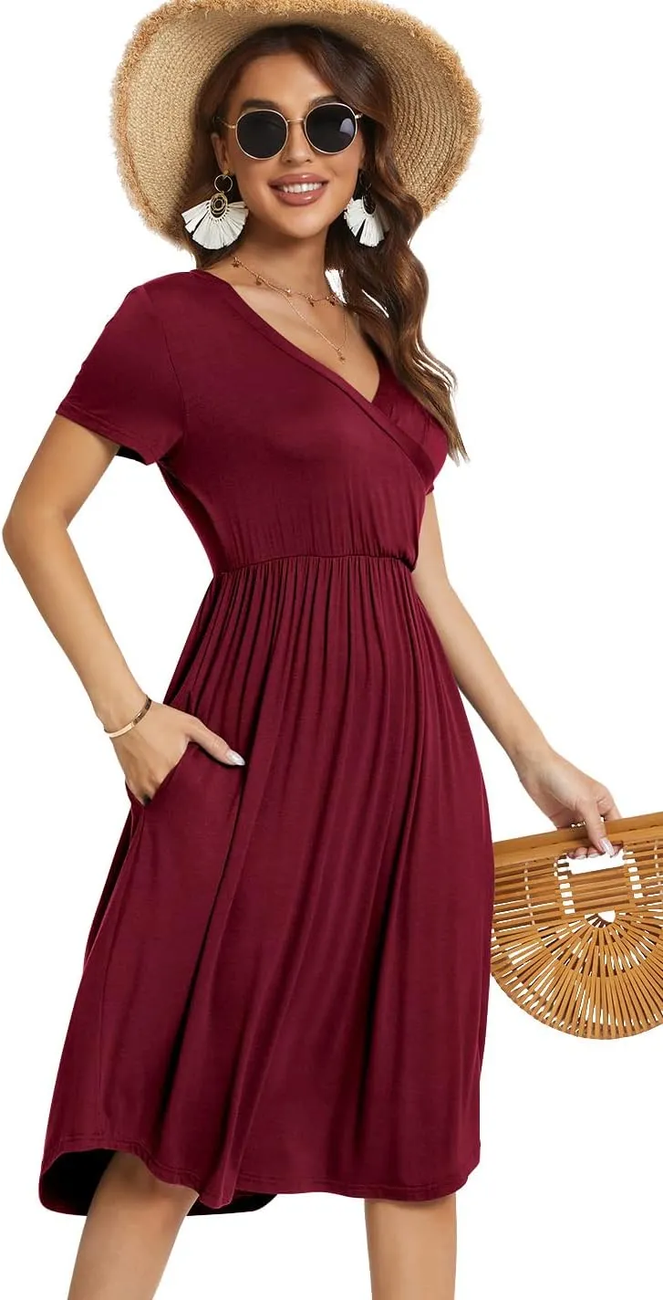 YUNDAI Womens Dress Mini Casual Loose Short Sleeve Polka Dot Knee Length Dresses with Pockets
