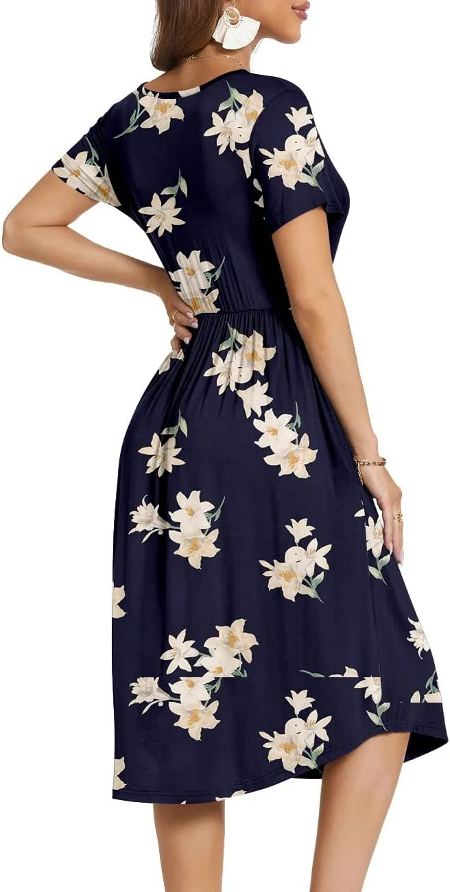 YUNDAI Womens Dress Mini Casual Loose Short Sleeve Polka Dot Knee Length Dresses with Pockets