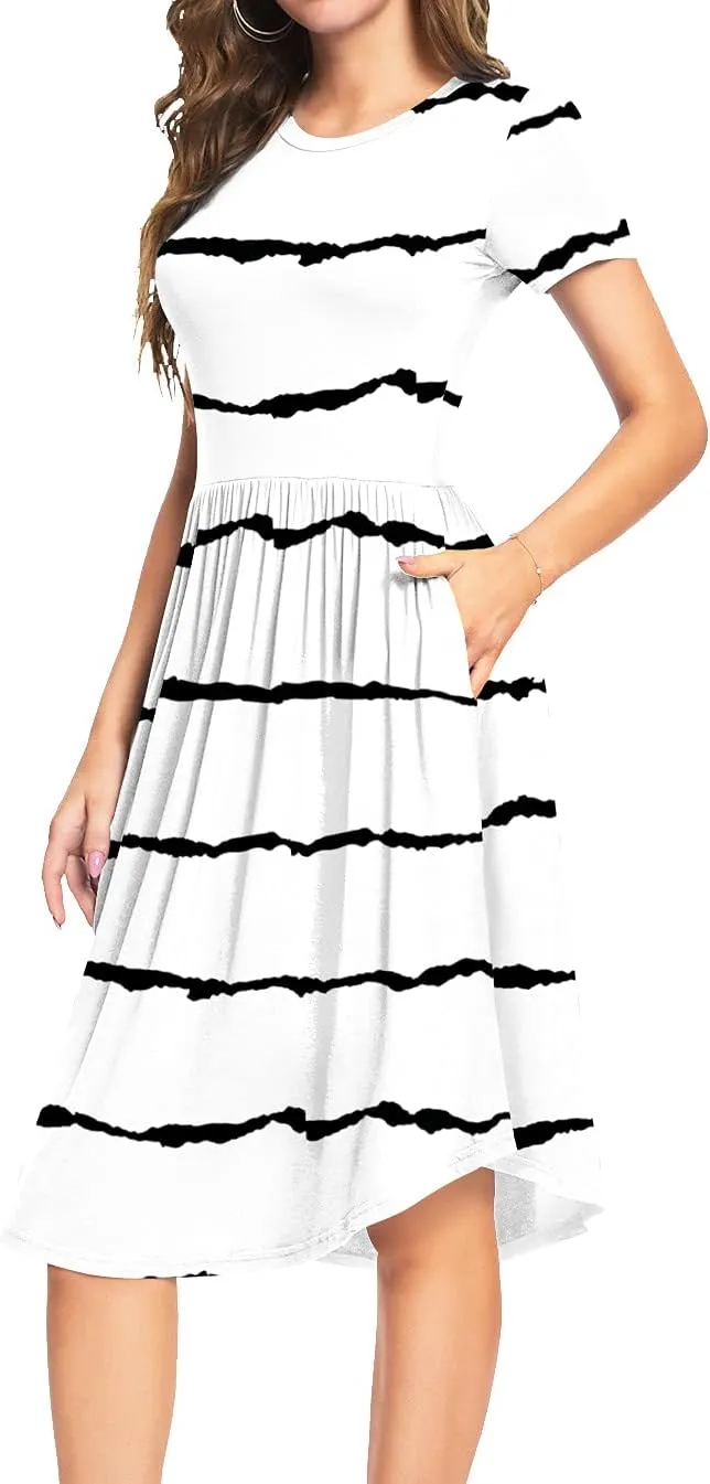 YUNDAI Womens Dress Mini Casual Loose Short Sleeve Polka Dot Knee Length Dresses with Pockets
