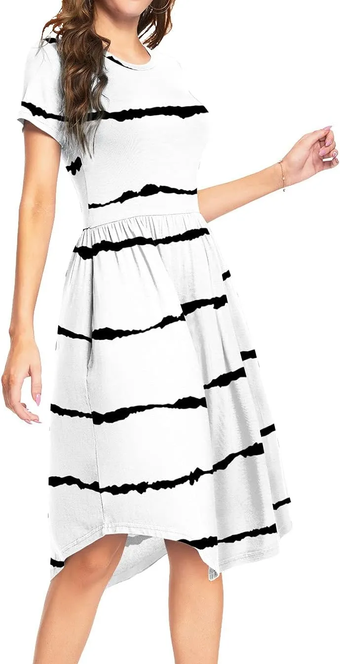 YUNDAI Womens Dress Mini Casual Loose Short Sleeve Polka Dot Knee Length Dresses with Pockets