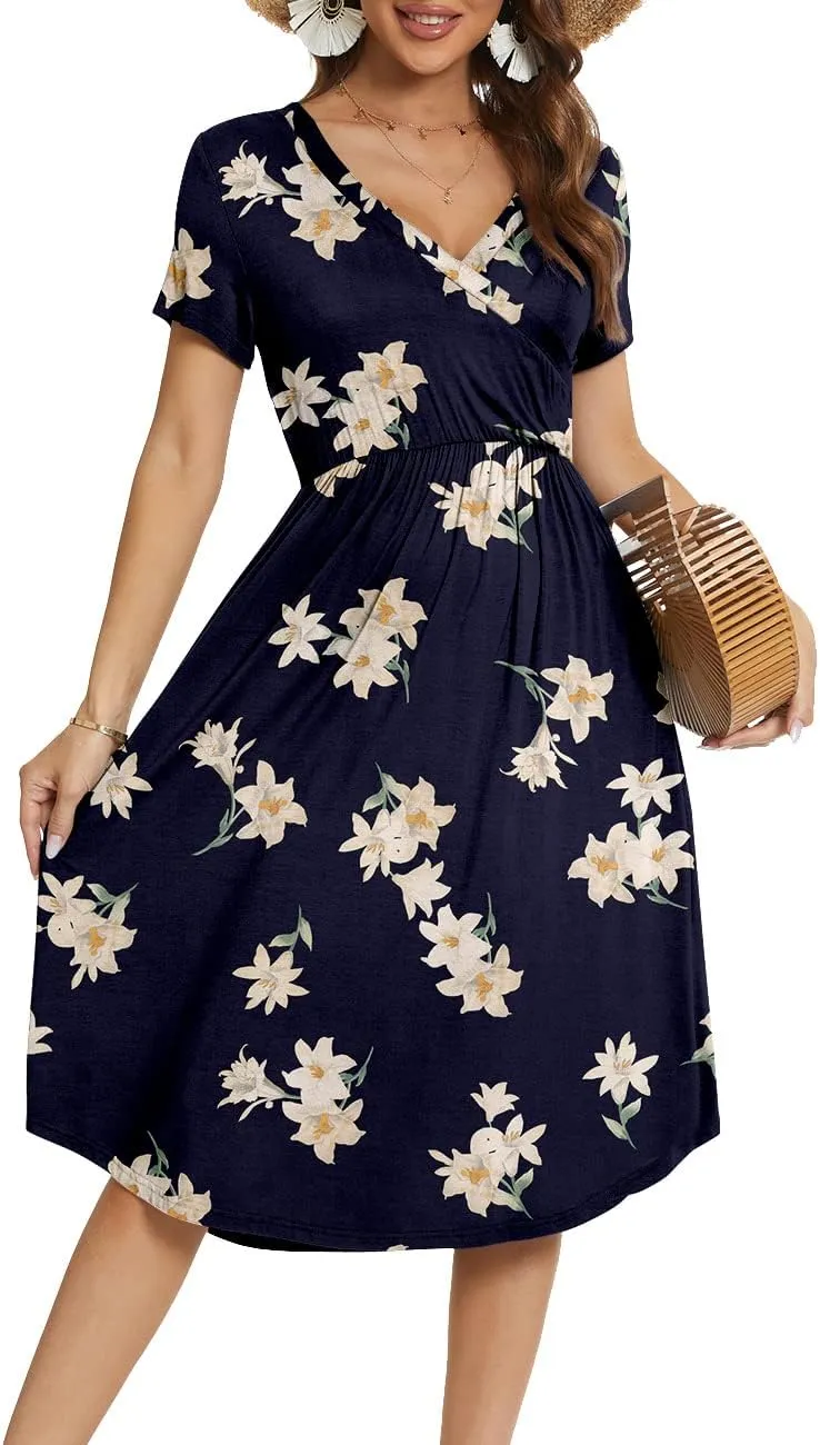 YUNDAI Womens Dress Mini Casual Loose Short Sleeve Polka Dot Knee Length Dresses with Pockets
