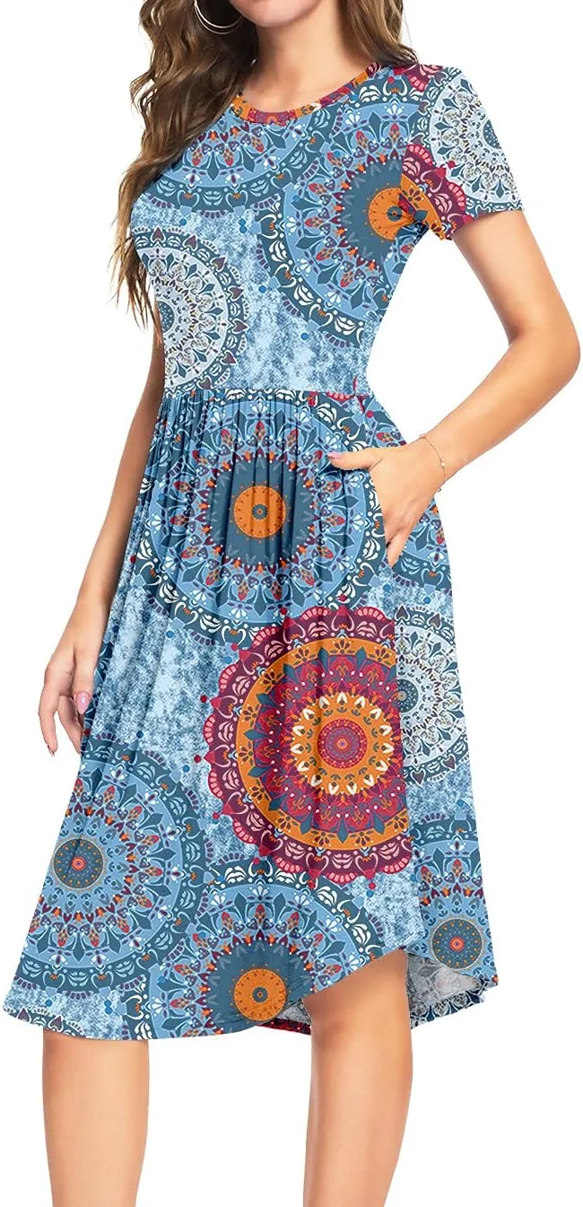 YUNDAI Womens Dress Mini Casual Loose Short Sleeve Polka Dot Knee Length Dresses with Pockets