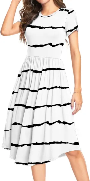 YUNDAI Womens Dress Mini Casual Loose Short Sleeve Polka Dot Knee Length Dresses with Pockets