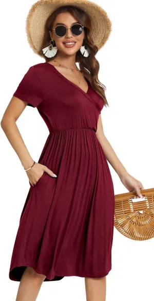 YUNDAI Womens Dress Mini Casual Loose Short Sleeve Polka Dot Knee Length Dresses with Pockets