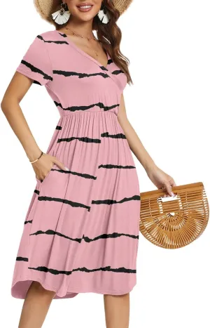 YUNDAI Womens Dress Mini Casual Loose Short Sleeve Polka Dot Knee Length Dresses with Pockets