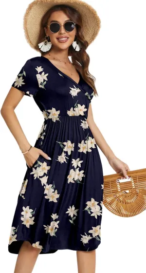 YUNDAI Womens Dress Mini Casual Loose Short Sleeve Polka Dot Knee Length Dresses with Pockets
