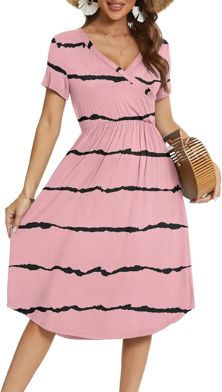 YUNDAI Womens Dress Mini Casual Loose Short Sleeve Polka Dot Knee Length Dresses with Pockets