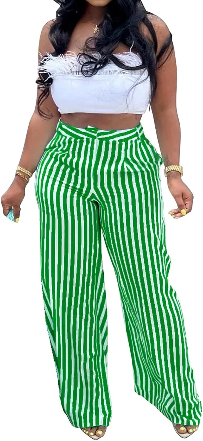 Yuopeid Women's High Waist Zip Up Long Pants with Pockets Fashion Striped Printed Wide Leg Pants Casual Trousers
