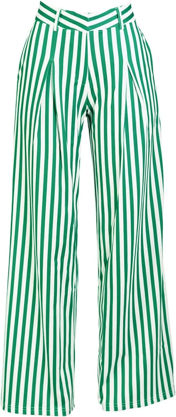 Yuopeid Women's High Waist Zip Up Long Pants with Pockets Fashion Striped Printed Wide Leg Pants Casual Trousers
