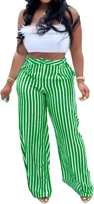 Yuopeid Women's High Waist Zip Up Long Pants with Pockets Fashion Striped Printed Wide Leg Pants Casual Trousers