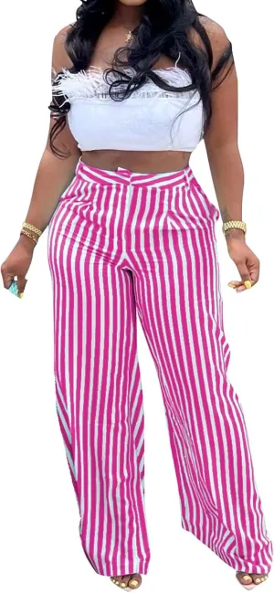 Yuopeid Women's High Waist Zip Up Long Pants with Pockets Fashion Striped Printed Wide Leg Pants Casual Trousers