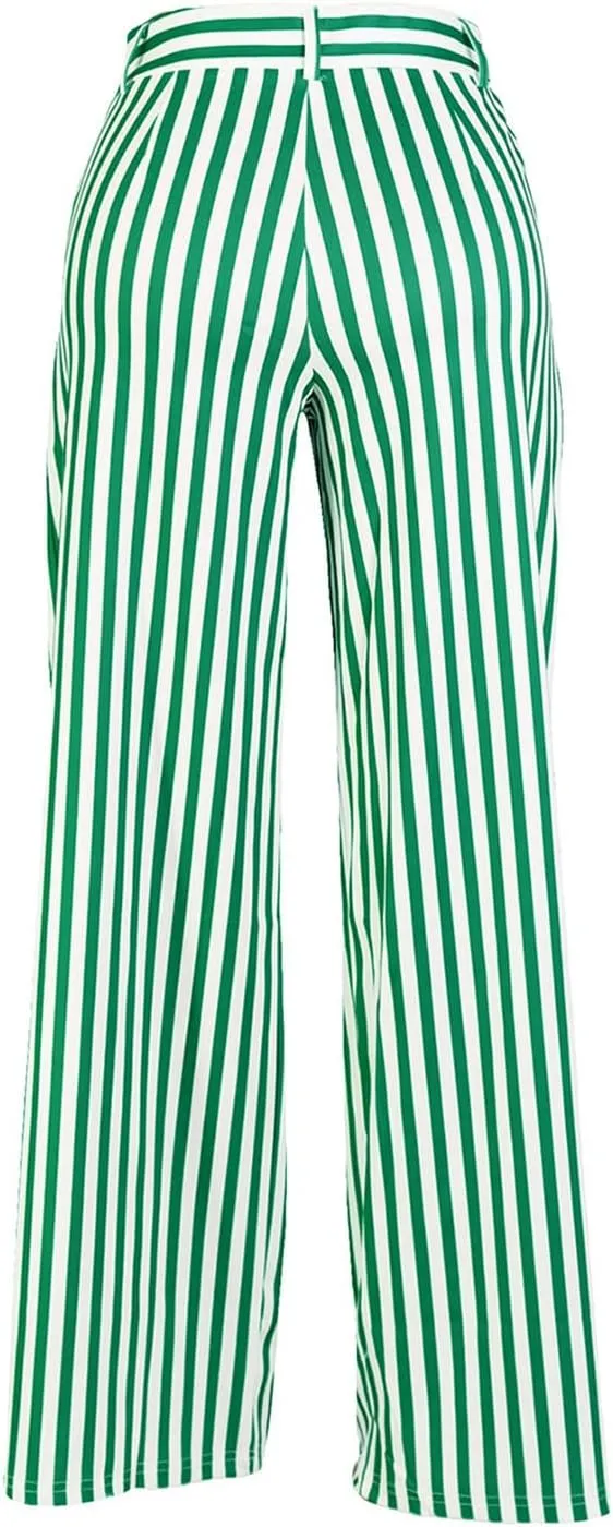 Yuopeid Women's High Waist Zip Up Long Pants with Pockets Fashion Striped Printed Wide Leg Pants Casual Trousers