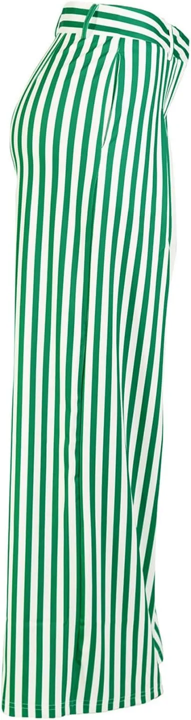 Yuopeid Women's High Waist Zip Up Long Pants with Pockets Fashion Striped Printed Wide Leg Pants Casual Trousers