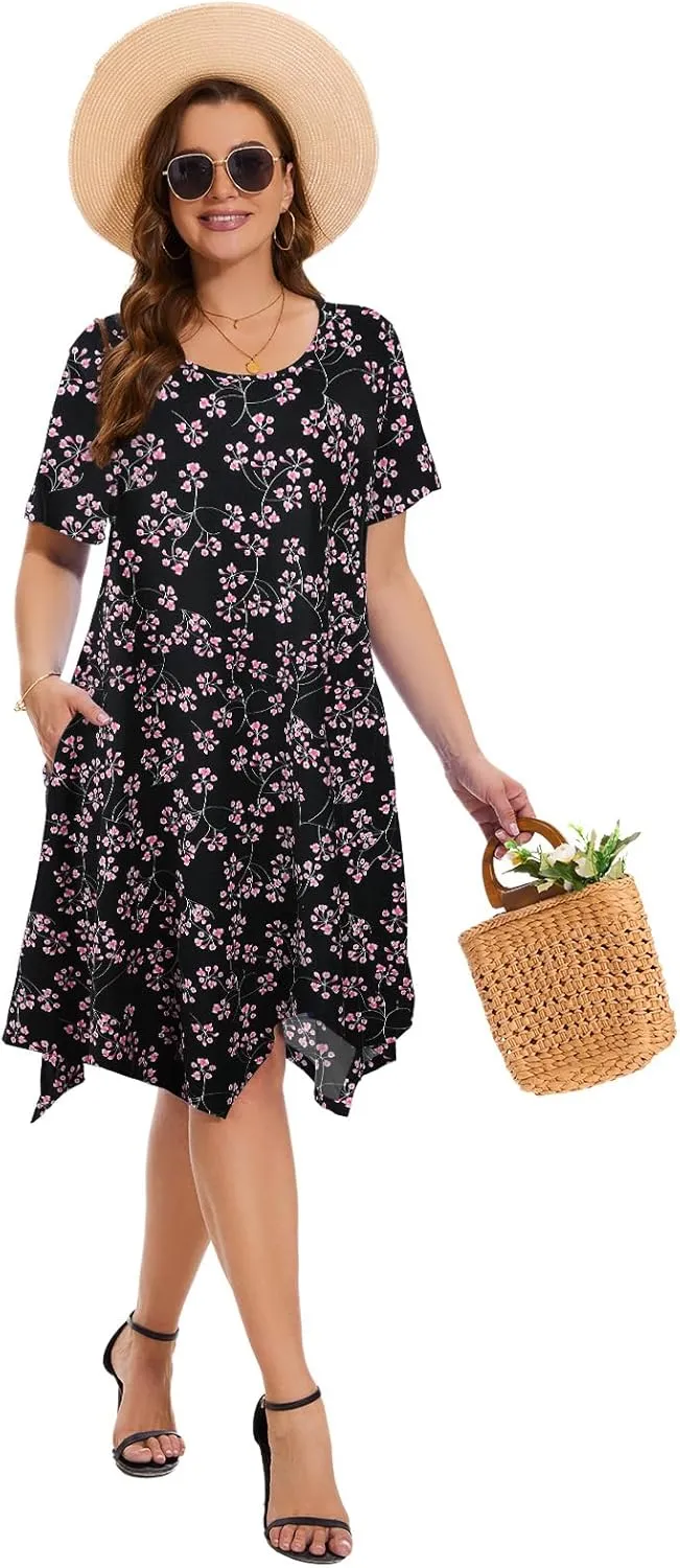ZENNILO Plus Size Tshirt Dress with Pockets Casual Summer Dresses Crew Neck Short Sleeve Swing Dress for Women