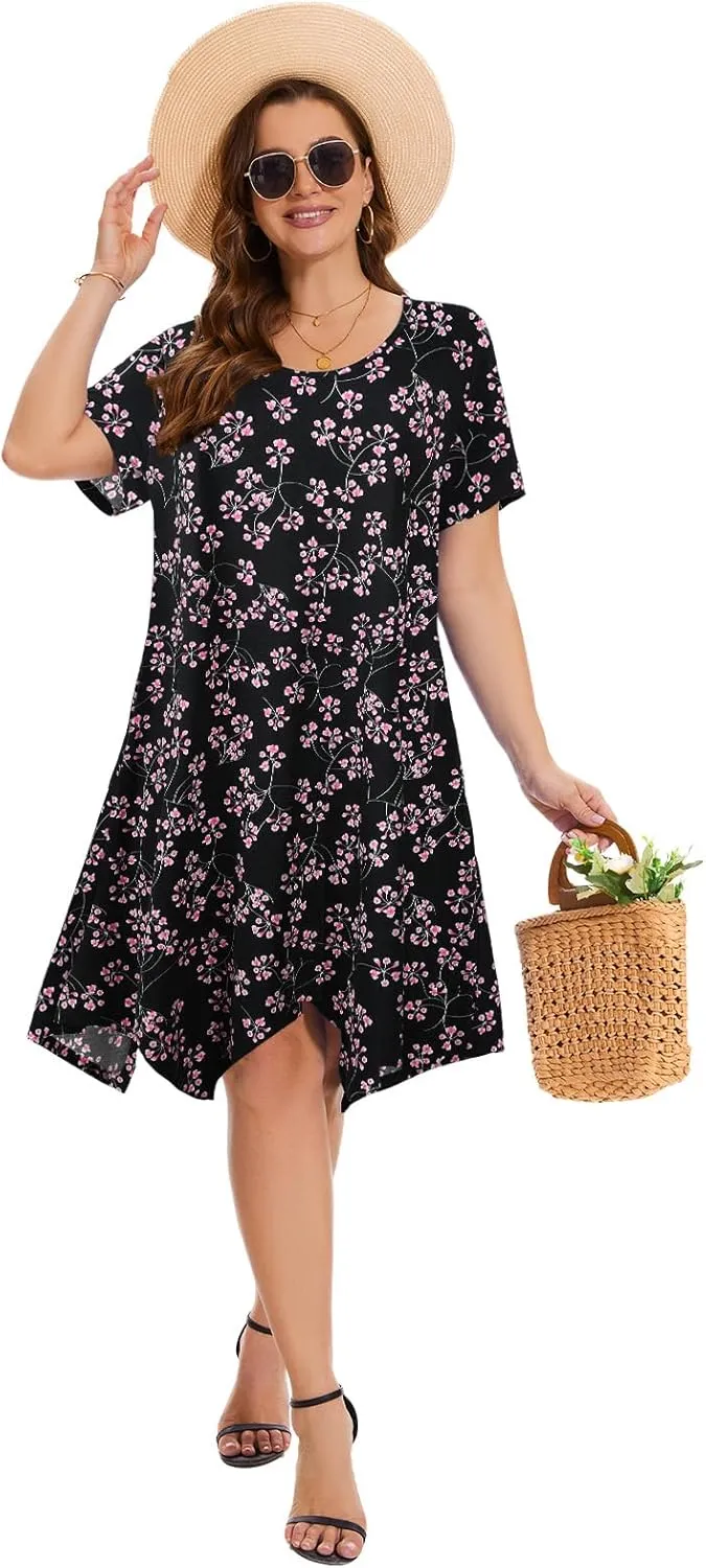 ZENNILO Plus Size Tshirt Dress with Pockets Casual Summer Dresses Crew Neck Short Sleeve Swing Dress for Women