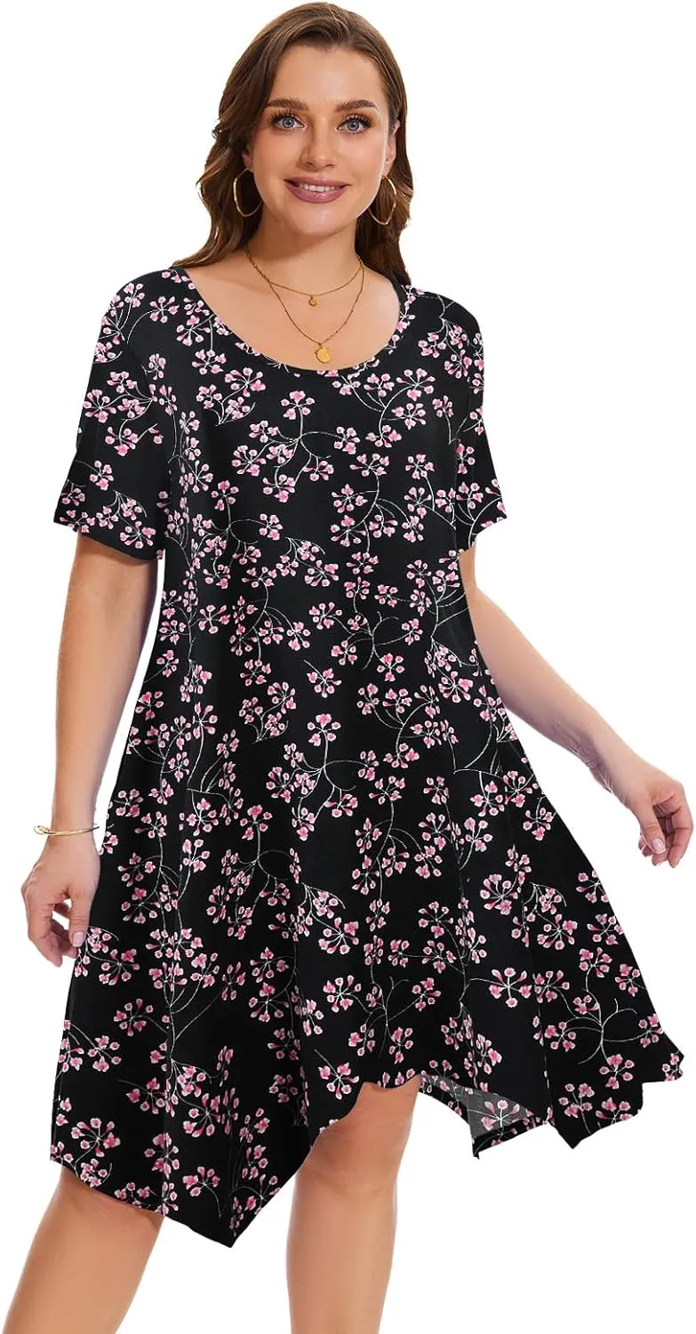 ZENNILO Plus Size Tshirt Dress with Pockets Casual Summer Dresses Crew Neck Short Sleeve Swing Dress for Women
