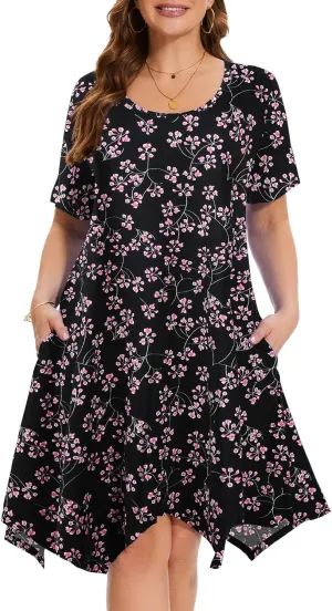 ZENNILO Plus Size Tshirt Dress with Pockets Casual Summer Dresses Crew Neck Short Sleeve Swing Dress for Women