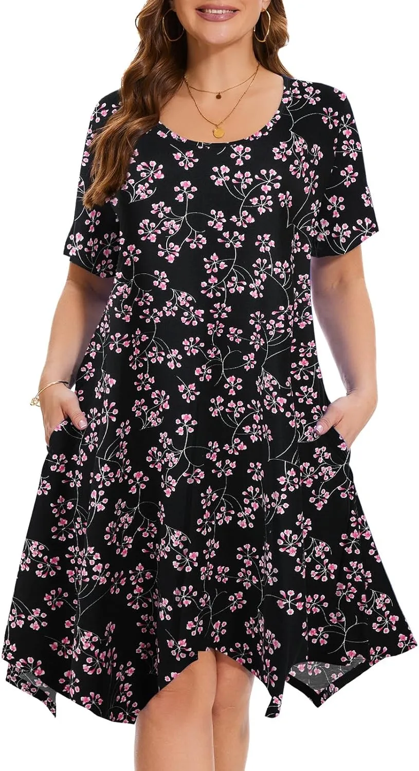 ZENNILO Plus Size Tshirt Dress with Pockets Casual Summer Dresses Crew Neck Short Sleeve Swing Dress for Women