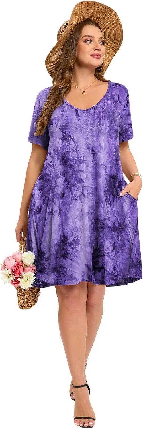 ZENNILO Women's Plus Size Swing Dress with Pockets Casual Summer Dresses V Neck Short Sleeve T Shirt Dress for Women