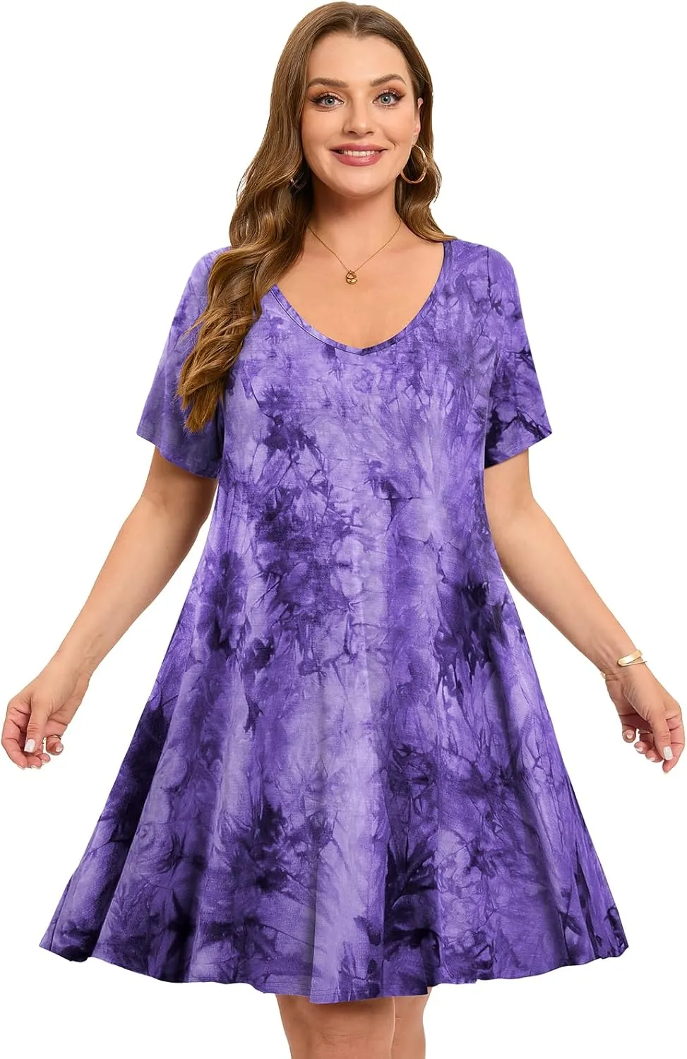 ZENNILO Women's Plus Size Swing Dress with Pockets Casual Summer Dresses V Neck Short Sleeve T Shirt Dress for Women