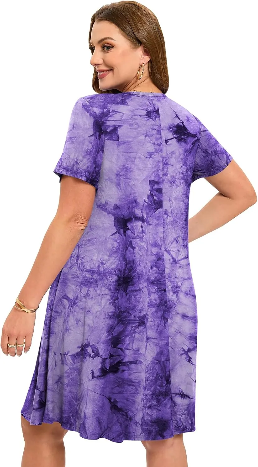 ZENNILO Women's Plus Size Swing Dress with Pockets Casual Summer Dresses V Neck Short Sleeve T Shirt Dress for Women
