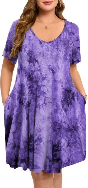 ZENNILO Women's Plus Size Swing Dress with Pockets Casual Summer Dresses V Neck Short Sleeve T Shirt Dress for Women