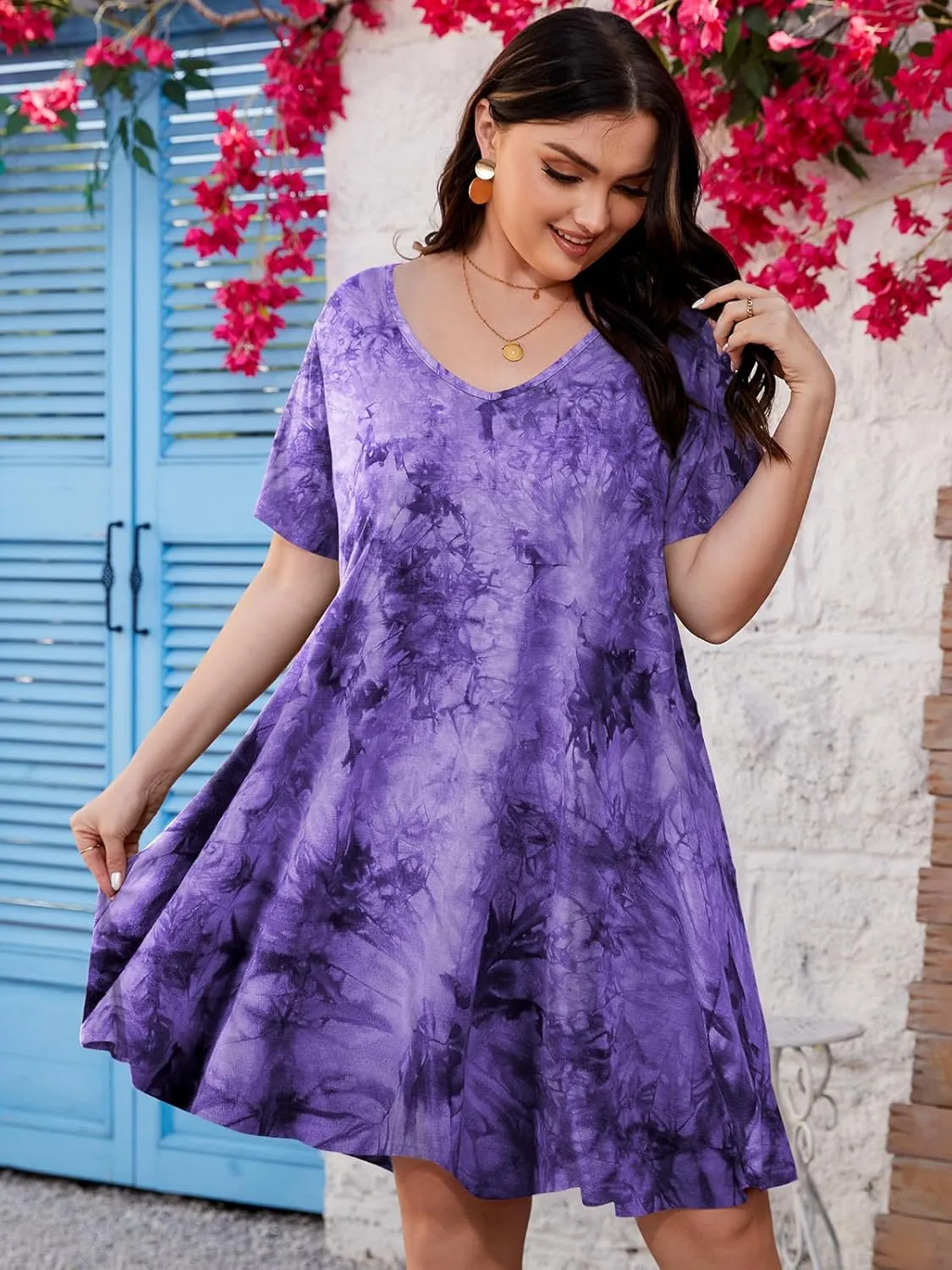 ZENNILO Women's Plus Size Swing Dress with Pockets Casual Summer Dresses V Neck Short Sleeve T Shirt Dress for Women