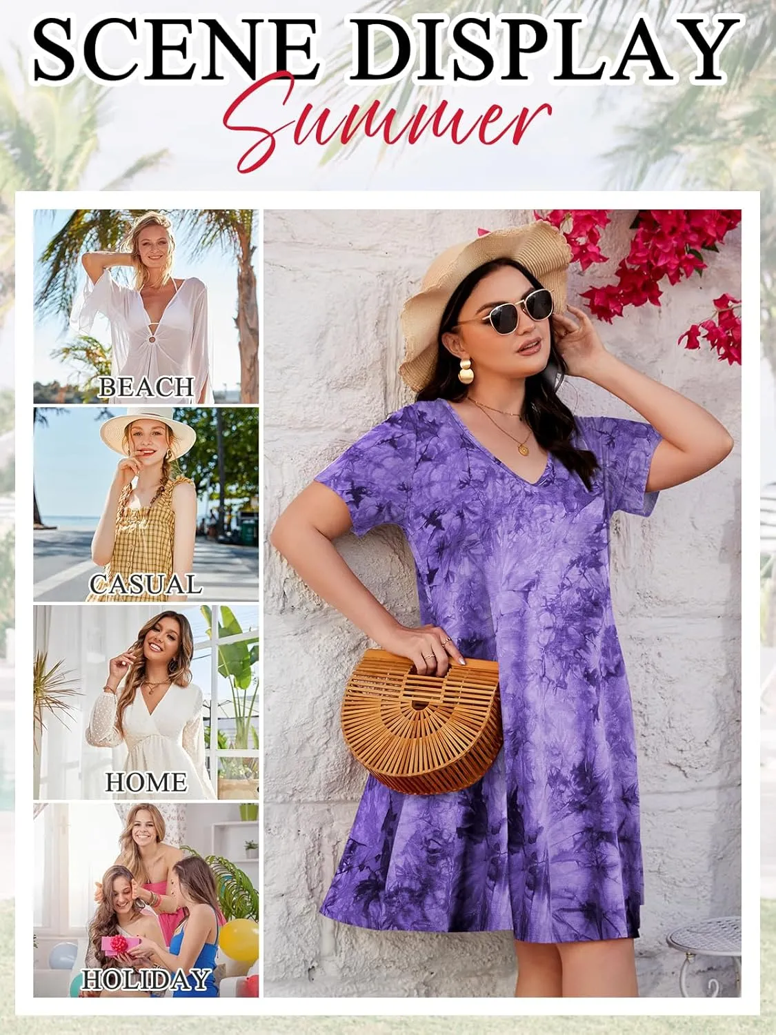 ZENNILO Women's Plus Size Swing Dress with Pockets Casual Summer Dresses V Neck Short Sleeve T Shirt Dress for Women