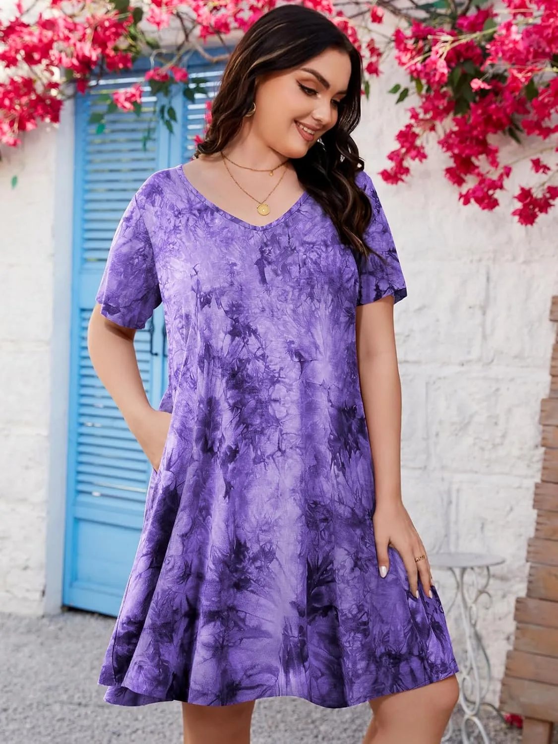 ZENNILO Women's Plus Size Swing Dress with Pockets Casual Summer Dresses V Neck Short Sleeve T Shirt Dress for Women