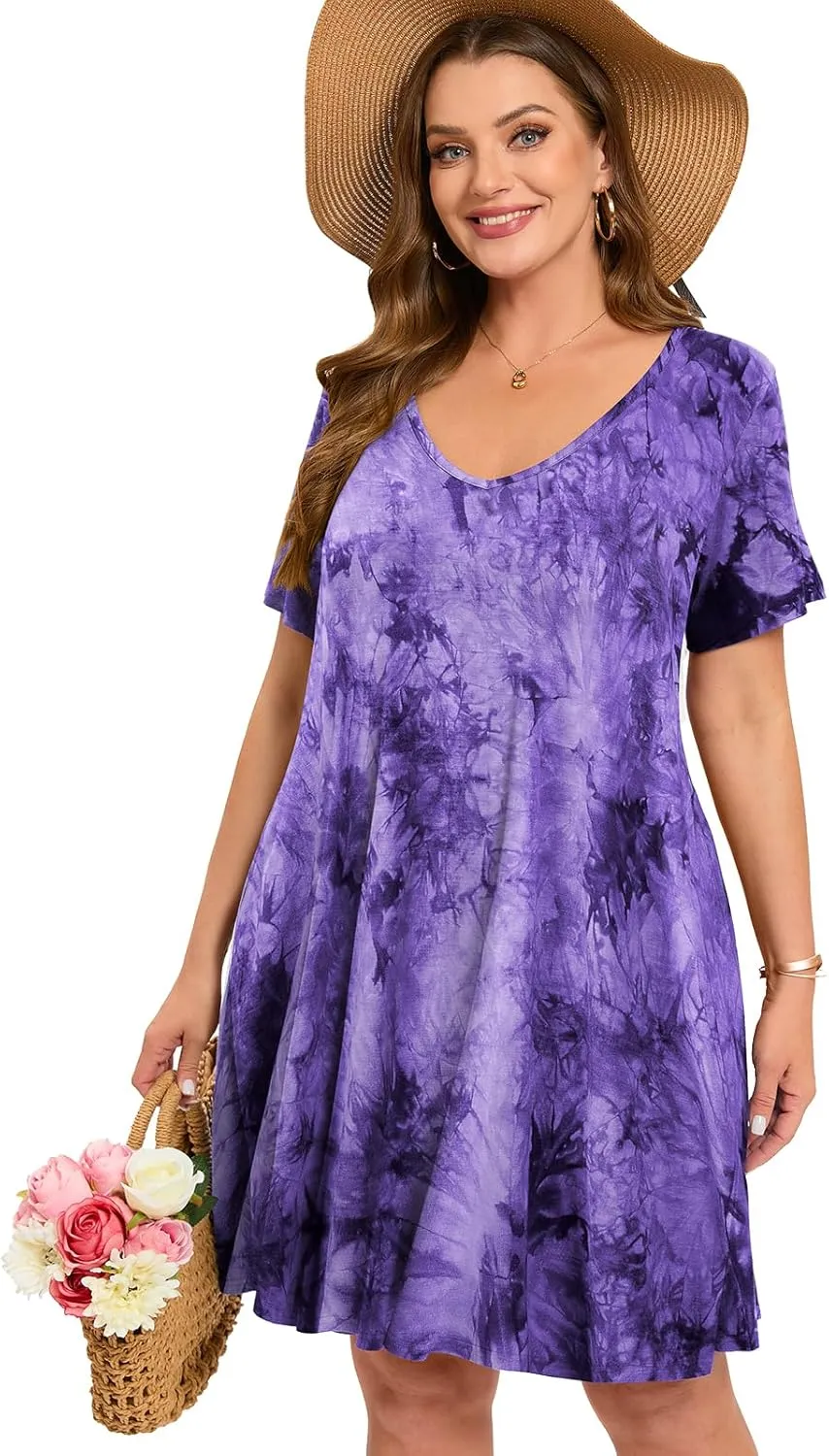 ZENNILO Women's Plus Size Swing Dress with Pockets Casual Summer Dresses V Neck Short Sleeve T Shirt Dress for Women