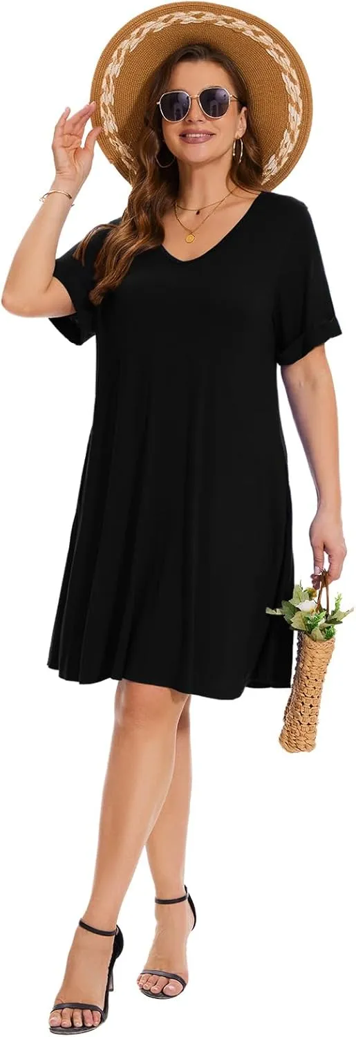 ZENNILO Women's Plus Size T Shirt Dresses with Pockets Casual Summer Dresses V Neck Short Sleeve Swing Dress for Women